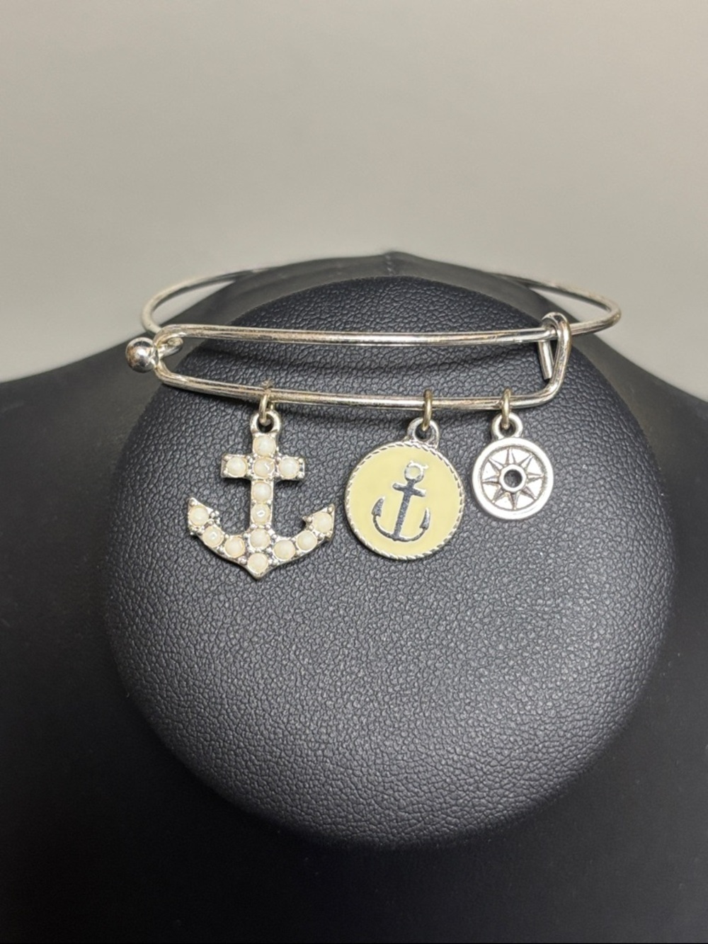 Nautical Anchor Compass Charm Silver Tone Adjustable Bangle Bracelet
